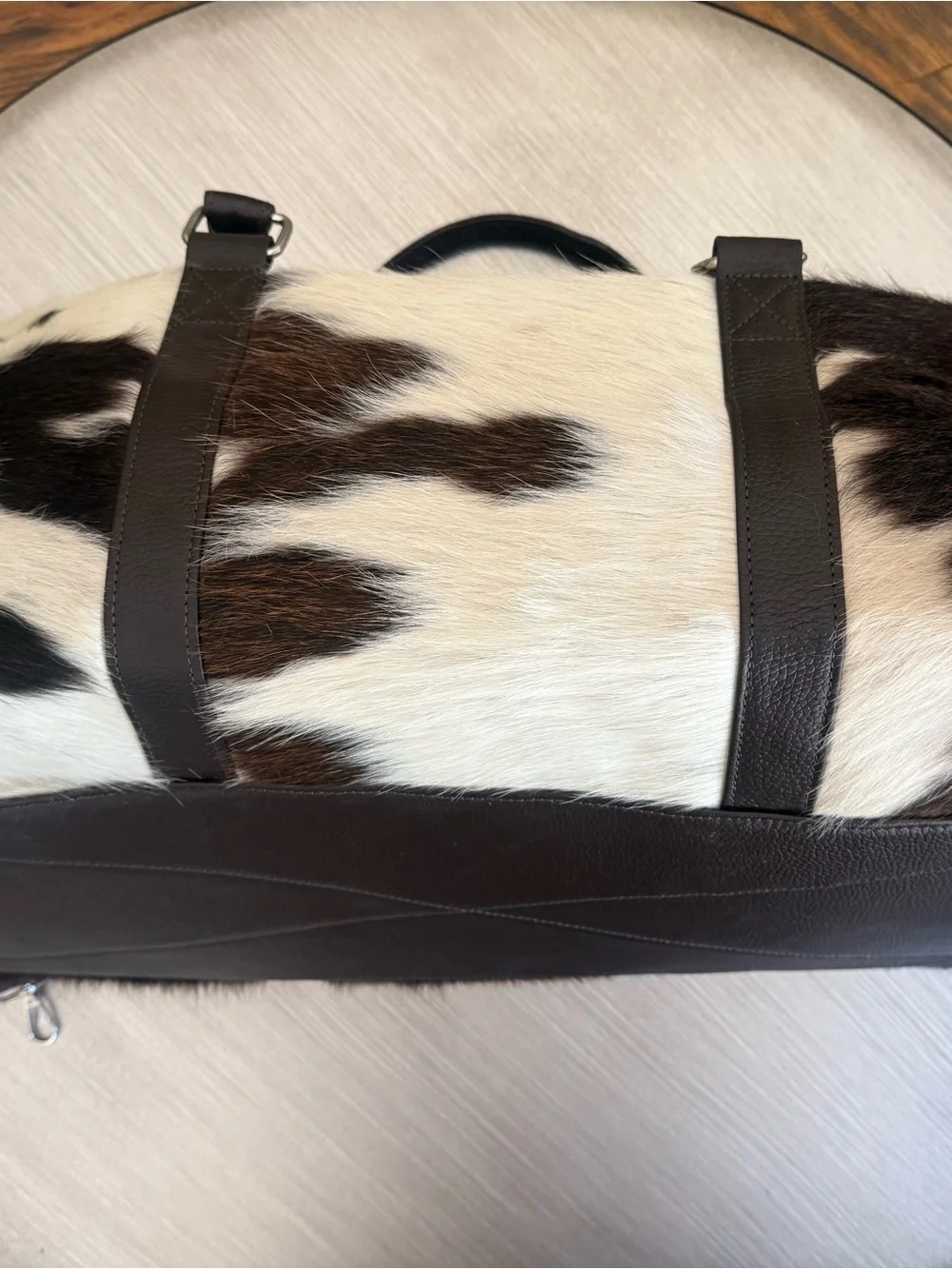 Genuine Cowhide Fur Duffle Bag with Dark Brown Leather Trim